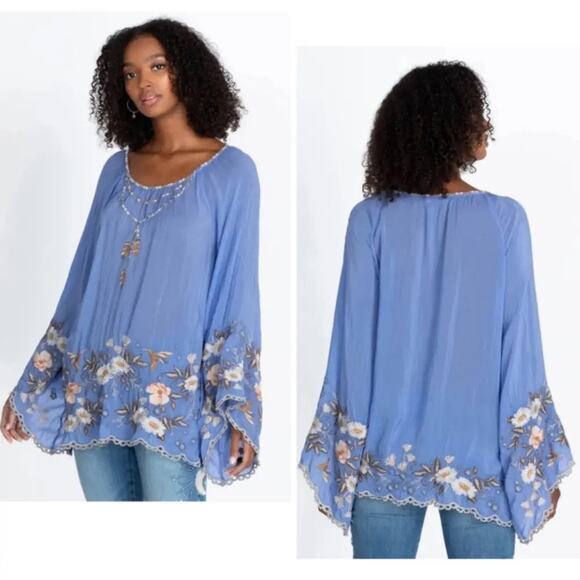 New Johnny Was Indina Blouse Blue Floral Embroidery Lace Long Sleeve Sz S - Picture 1 of 10